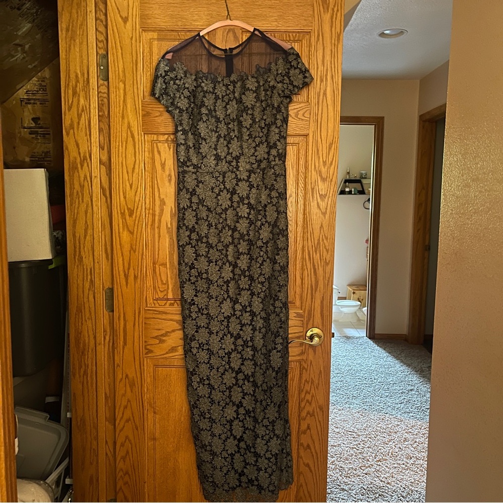 JS Collections Navy Long Dress Silver Lace mother of bride or groom wedding